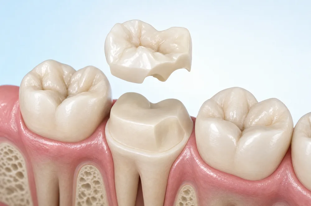 Illustration of a ceramic onlay being seated on a prepared molar with the tooth walls left intact